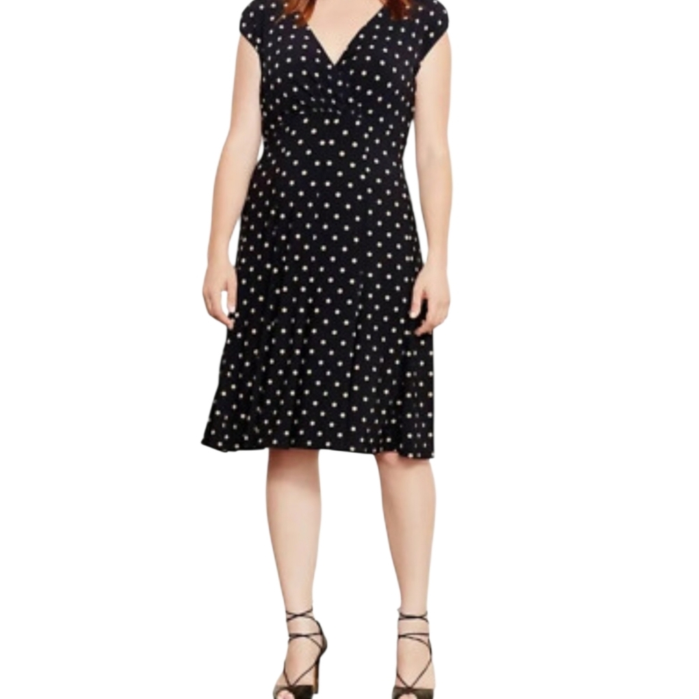 Lauren by RL Black Polka Dot Sleeveless Fit & Flare Dress Size 14